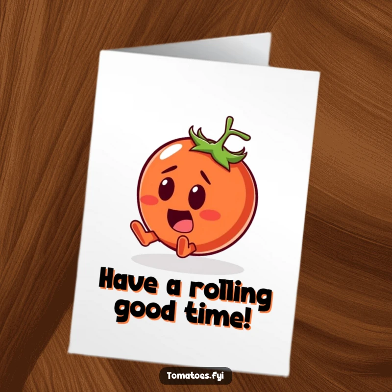 Funny Free Printable Birthday Card: A surprised tomato character comically tumbling with a smile, wishing a happy birthday.