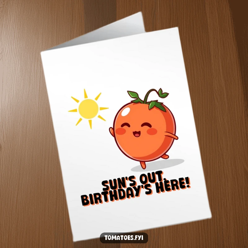Funny Free Printable Birthday Card: Playful tomato character gleefully chasing a bright, dancing sunbeam across a vibrant background, perfect for gifting.