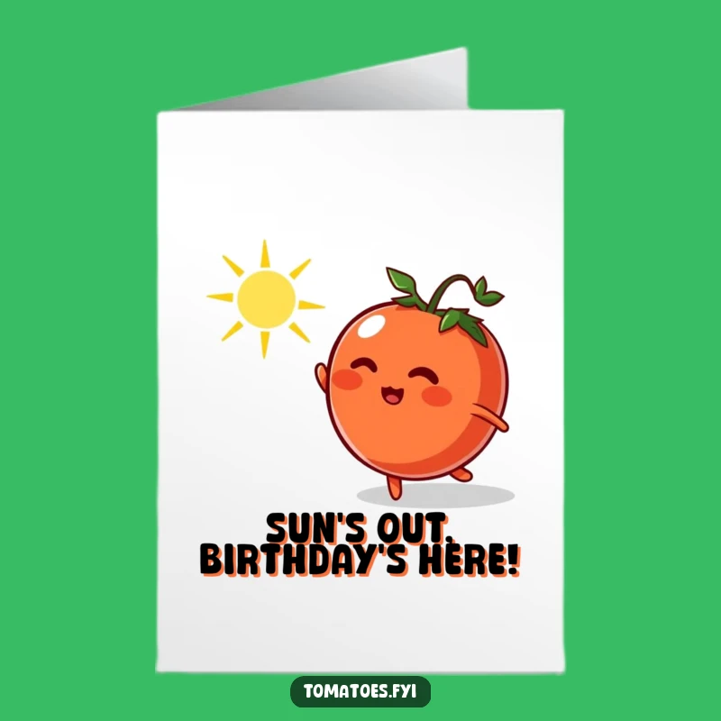 Free Printable Birthday Card: Funny Tomato Chasing Sunbeam for a Joyful Celebration