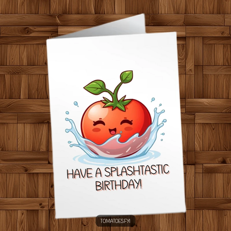 Funny Free Printable Birthday Card: A tomato character joyfully splishing and splashing in the water, bringing bubbly fun.