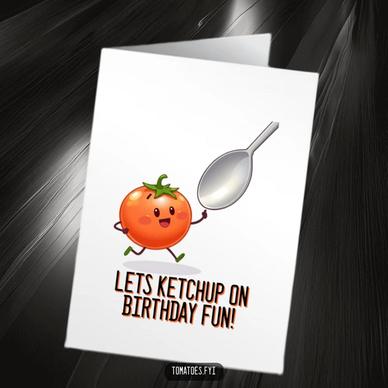 Funny Free Printable Birthday Card: Tomato character with tiny legs excitedly sprinting towards a giant spoon, a humorous depiction of anticipation.