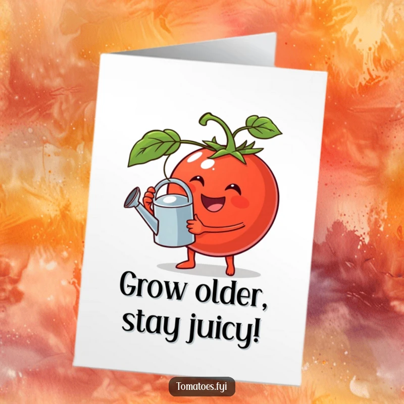 Funny Free Printable Birthday Card: A plump, jolly tomato with a happy expression holds a small watering can, ready to nurture.