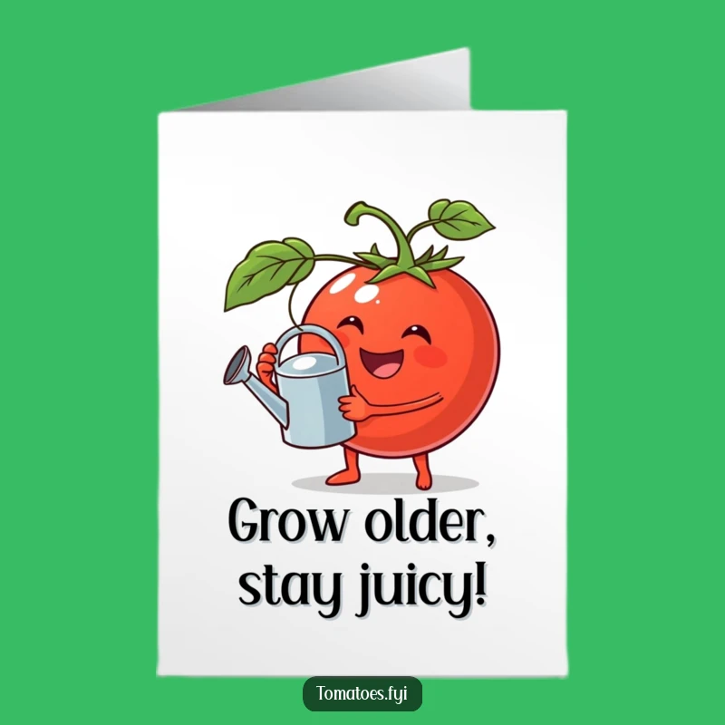 Free Printable Birthday Card: Jovial Watering Tomato - Funny Downloadable Gift for Growth