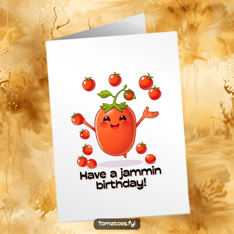 Funny Free Printable Birthday Card: Happy tomato character skillfully juggling small cherry tomatoes, celebrating with vibrant, fruity cheer.