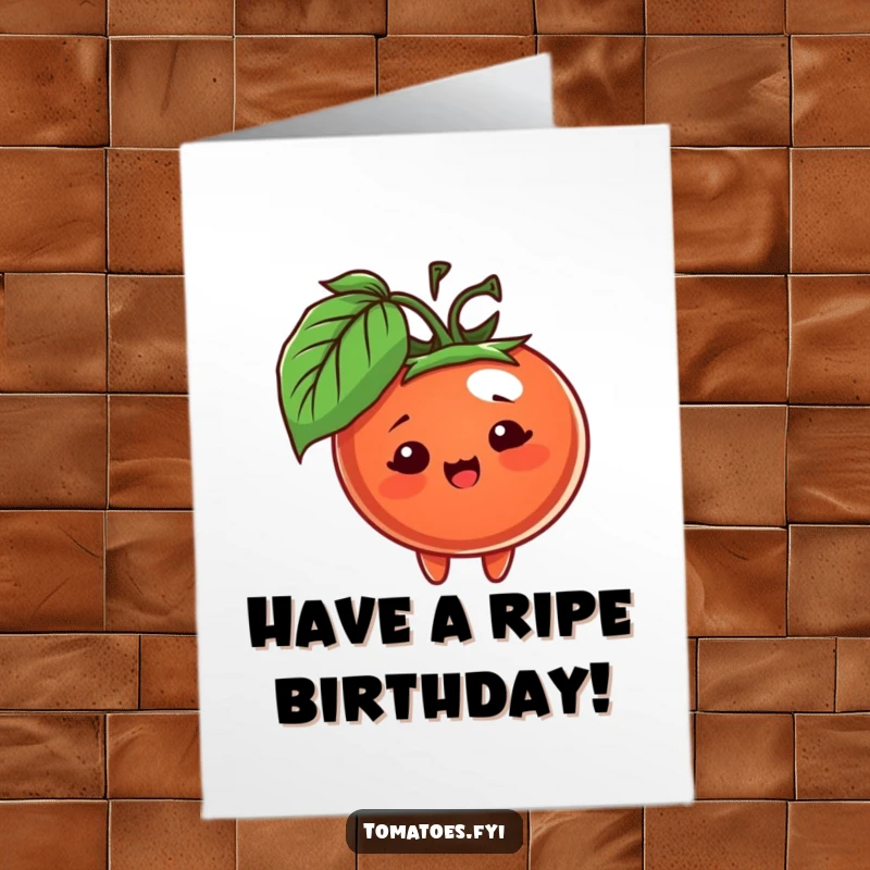 Funny free printable birthday card: a cheerful tomato character playfully peeking from behind a lush green leaf.