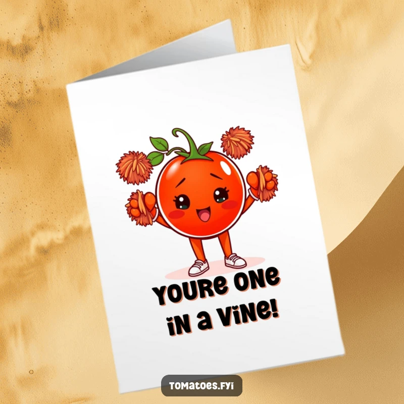 Funny Free Printable Birthday Card with a determined tomato cheering with tiny pom-poms, a delightful DIY gift.