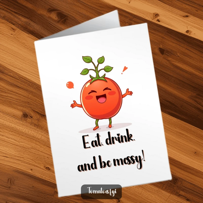 Funny Free Printable Birthday Card: Giggling tomato with eyes closed, legs kicking, doing a hilarious dance, bringing joy.