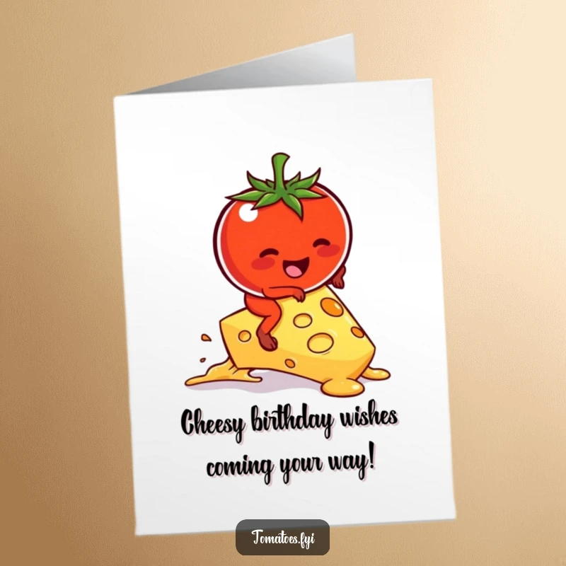 Funny Free Printable Birthday Card: Cute tomato struggling to balance on a slippery, melting cheese slice, a hilarious scene.