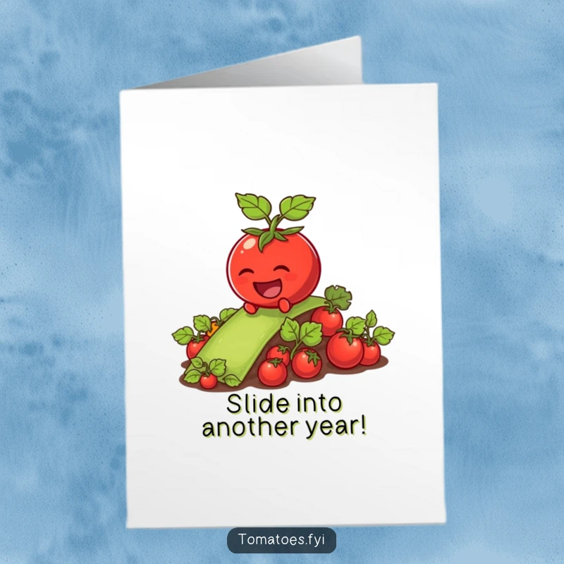 Funny Free Printable Birthday Card: Laughing tomato comically sliding down a slippery green vegetable patch, pure joy.