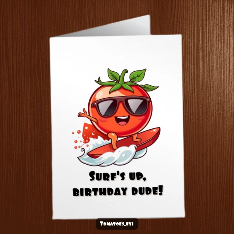 Funny Free Printable Birthday Card of a cool tomato character in sunglasses surfing a juicy tomato wave with awesome style.