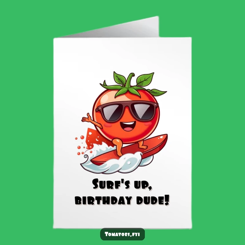 Free Printable Surfer Tomato Birthday Card: Funny Wave Riding Downloadable Gift