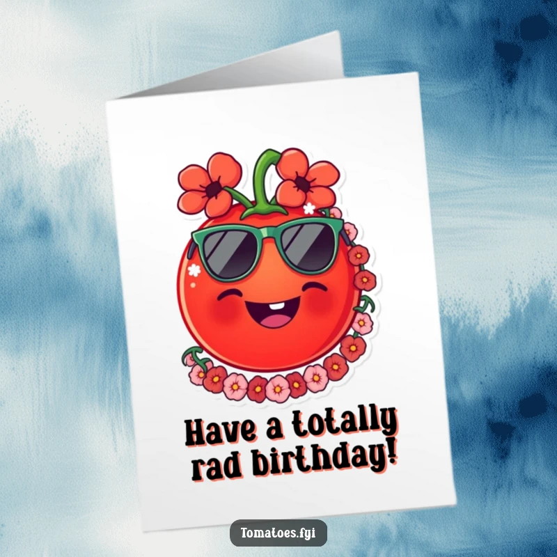 Funny Free Printable Tomato Birthday Card: Smiling tomato in sunglasses and lei, wishing a cool happy birthday.