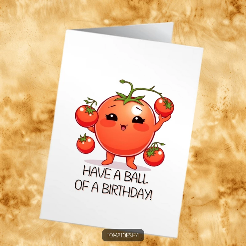 Funny Free Printable Birthday Card showing a plump tomato character with rosy cheeks joyfully juggling three smaller cherry tomatoes with flair.