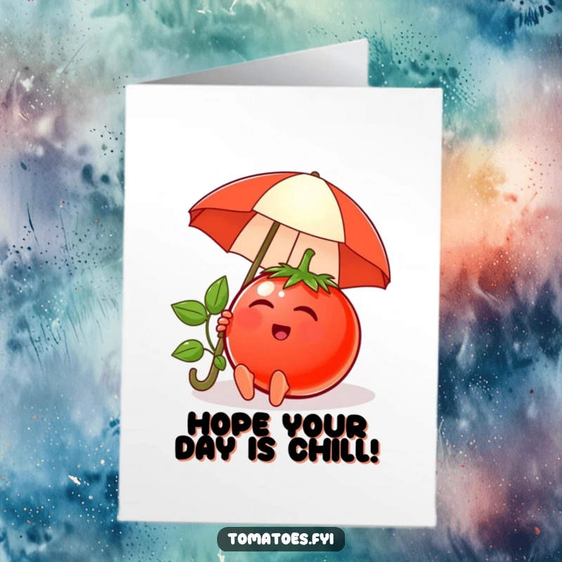 Funny Free Printable tomato birthday card, a content tomato character relaxing peacefully under a tiny umbrella.
