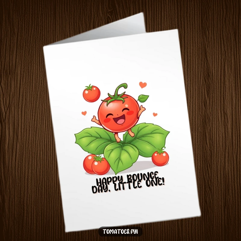 Funny Free Printable Birthday Card showing a delighted baby tomato character happily bouncing on a big green leaf.