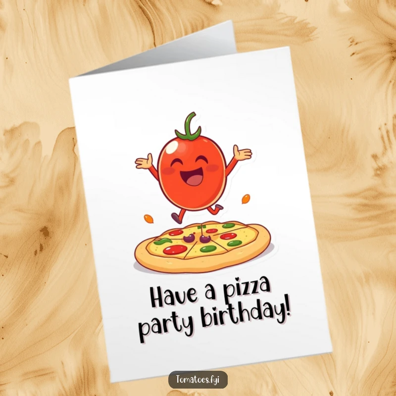Funny Free Printable Birthday Card: A cheerful tomato character joyfully bouncing high on a massive pizza crust, celebrating.
