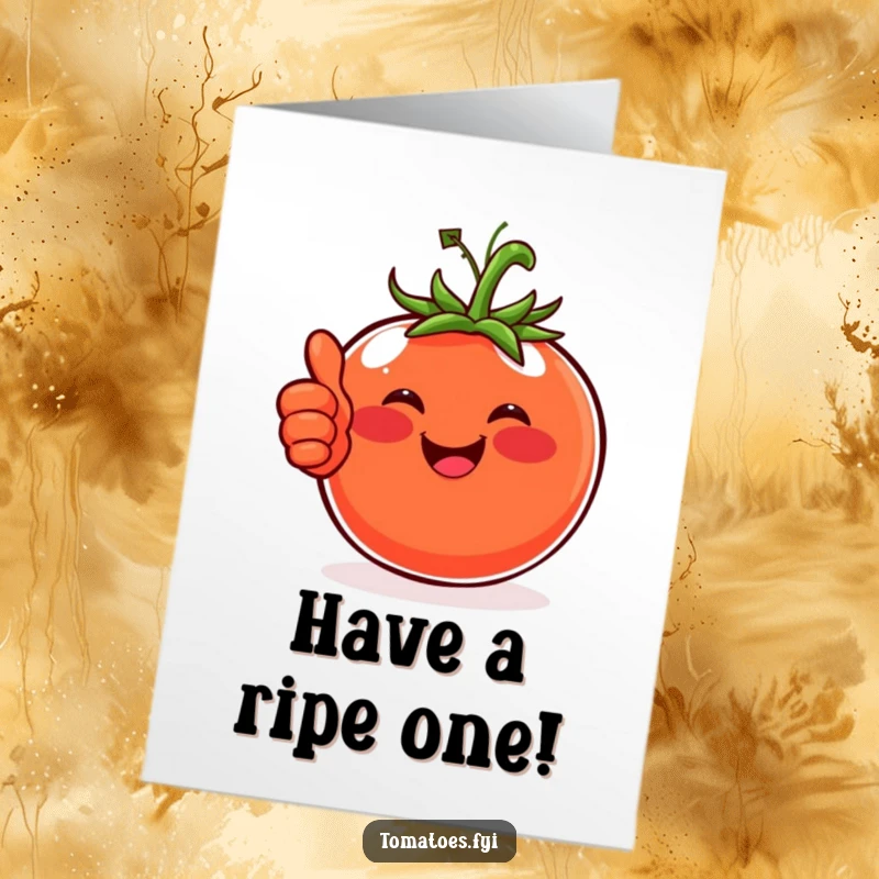Funny Free Printable Birthday Card: A round, red tomato with beaming rosy cheeks, giving a confident thumbs-up gesture.