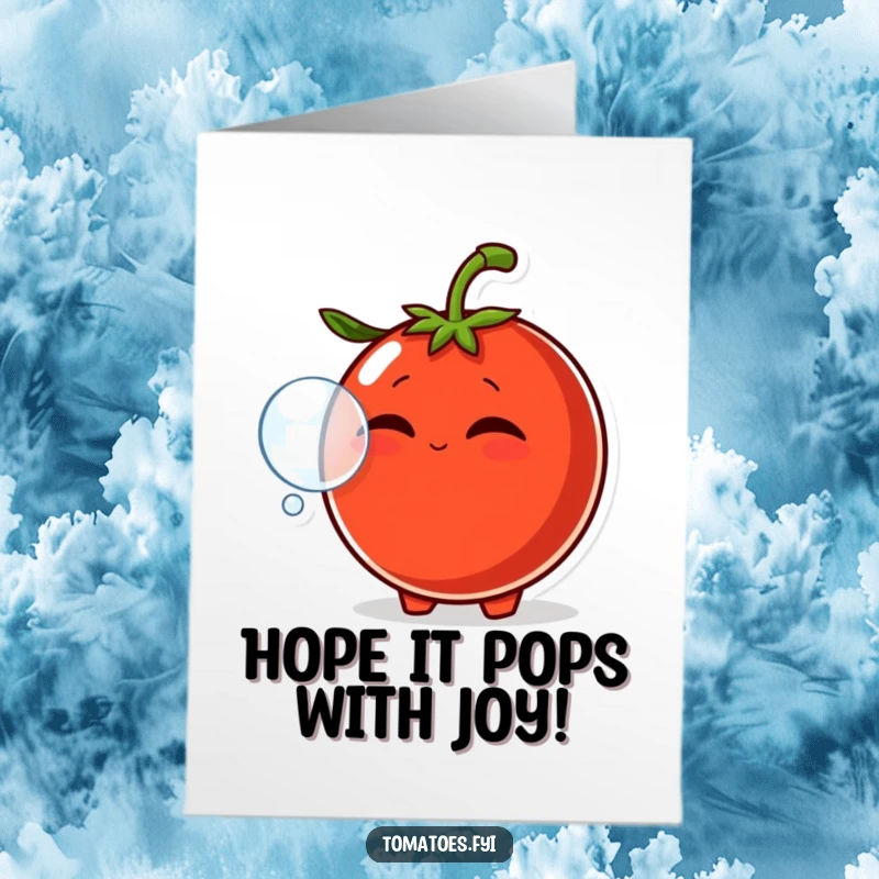 Funny Free Printable Birthday Card: A smirking tomato character blowing a large, iridescent bubble, perfect for birthday fun.