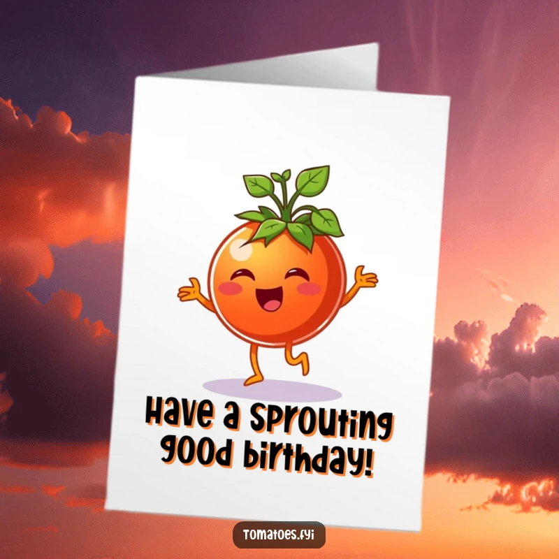 Funny Free Printable Birthday Card: A cheerful tomato does a happy jig with leafy green sprouts, radiating pure joy.