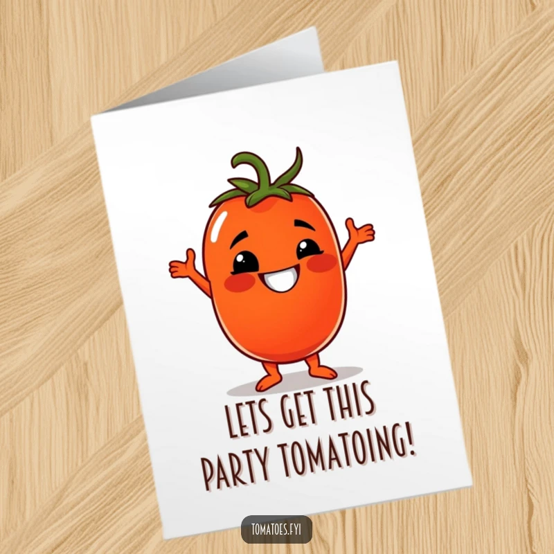 Funny Free Printable tomato birthday card, a grinning tomato character busting a silly disco dance move.