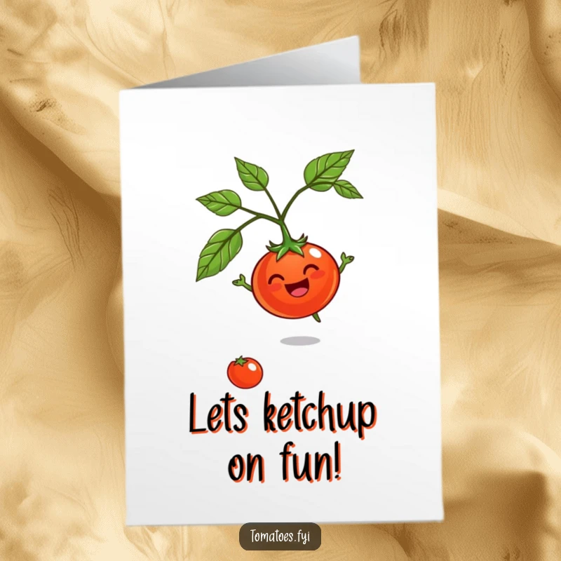 Funny Free Printable Birthday Card of a jovial tomato character happily spinning around on its stem, full of birthday cheer.