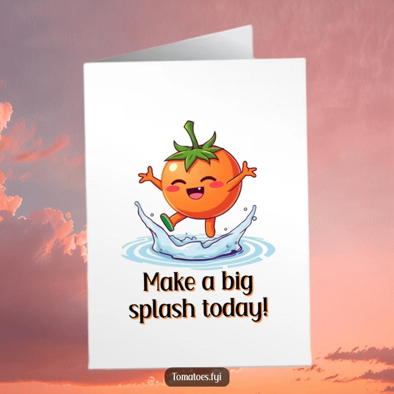 Funny Free Printable Birthday Card: A happy tomato joyfully leaps into a water splash, celebrating a birthday.