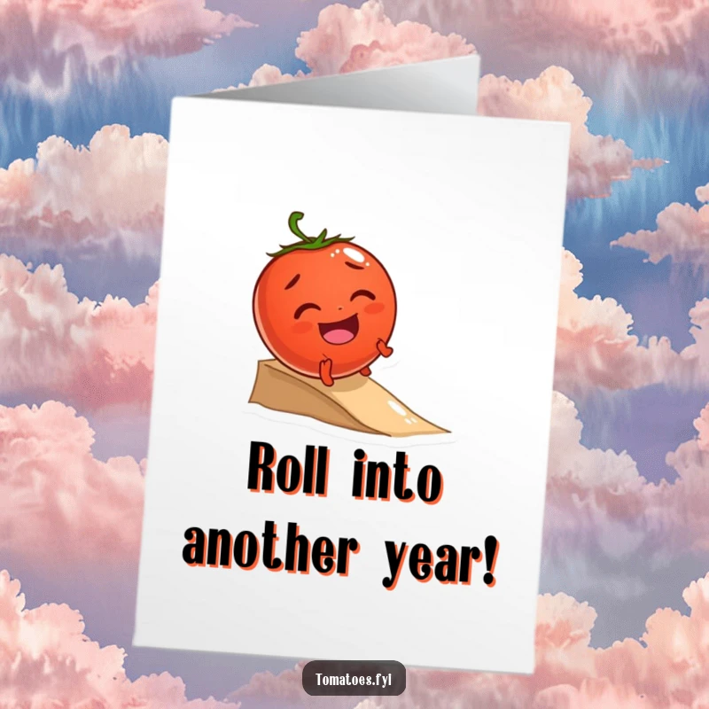 Funny Free Printable Birthday Card: Giggling tomato character joyfully rolling down a small incline, a delightful DIY gift.