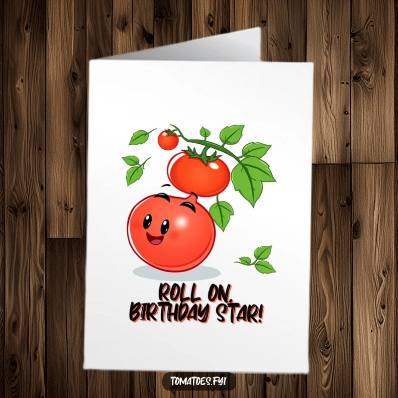 Funny Free Printable Birthday Card featuring a smiling tomato character joyfully rolling down a vine, embodying carefree celebration.