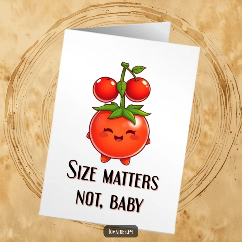 Funny Free Printable Birthday Card: A cartoon tomato comically fails to wear a tiny cherry as a hat, looking bewildered.