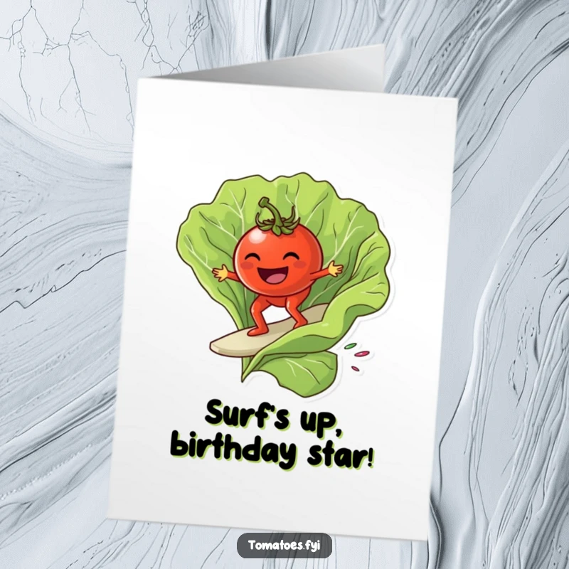 Funny Free Printable Birthday Card: A grinning tomato surfs a giant lettuce leaf, bringing cool vibes and humor.