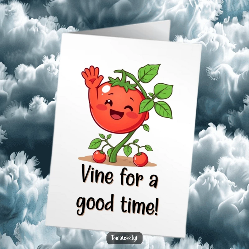 Funny Free Printable Birthday Card: A smiling tomato character waving happily from a vine, perfect for a DIY greeting.