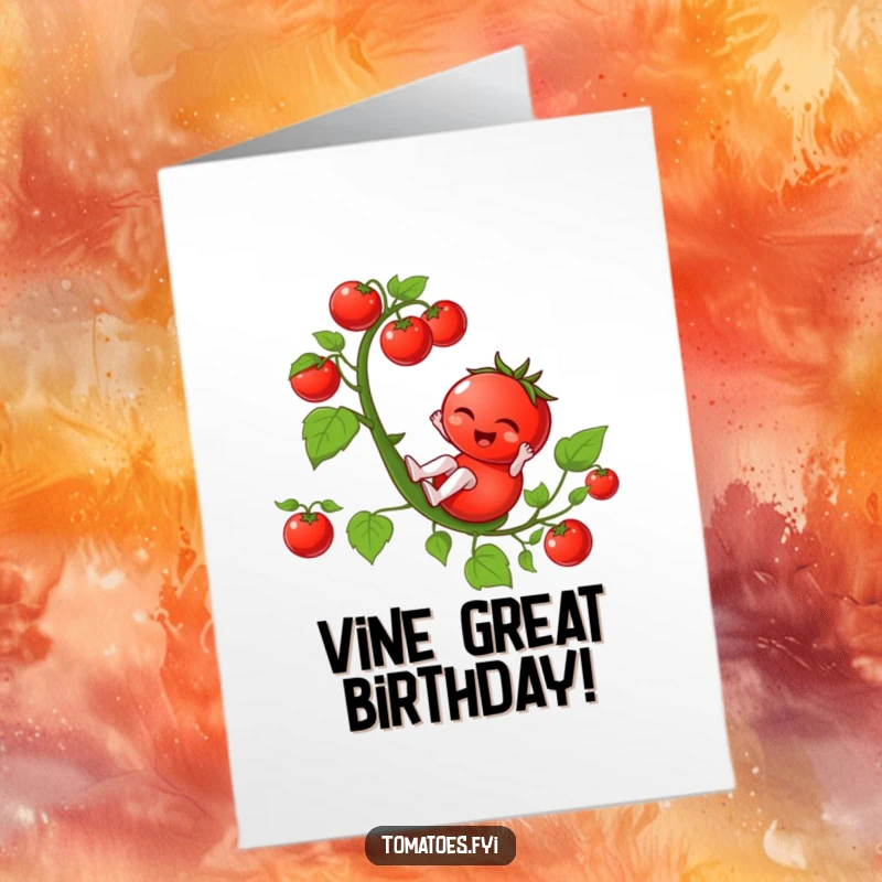 Funny Free Printable Birthday Card: A winking tomato slides down a vine, bringing playful charm to your DIY greeting.
