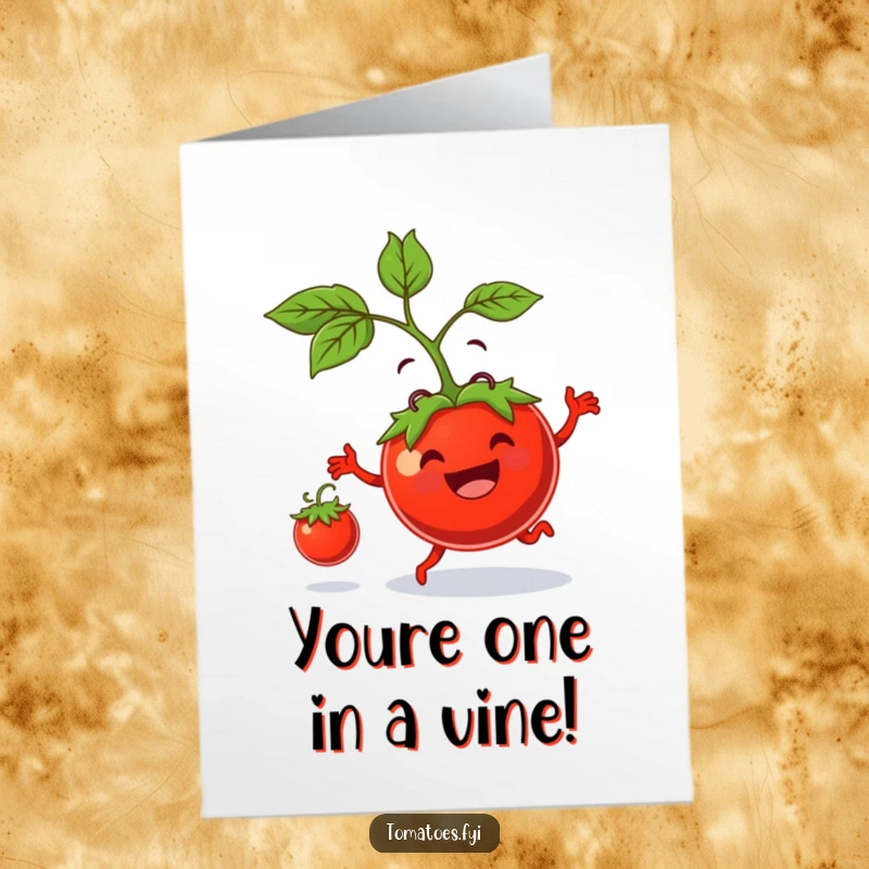 Funny Free Printable Congratulations Card: Cheerful tomato character exuberantly bouncing a smaller tomato, celebrating success.
