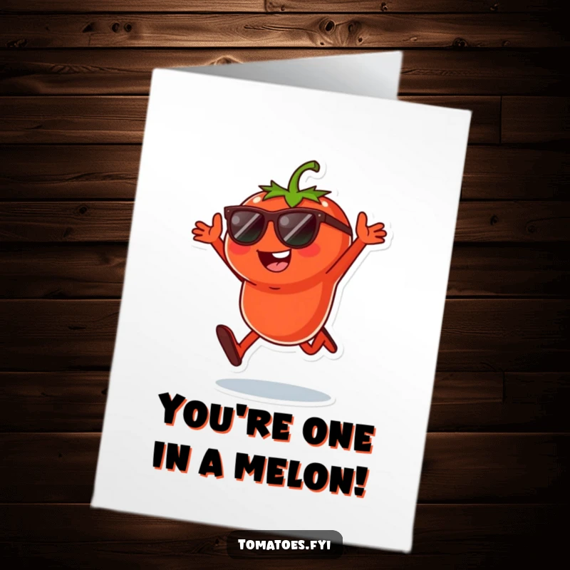 Funny Free Printable Congratulations Card: A tomato character in sunglasses does a playful jump, celebrating their success.