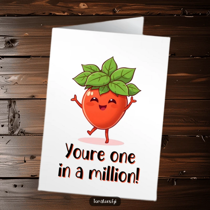 Funny Free Printable Congratulations Card: A happy tomato with a leaf hat doing a celebratory dance, perfect for gift giving.