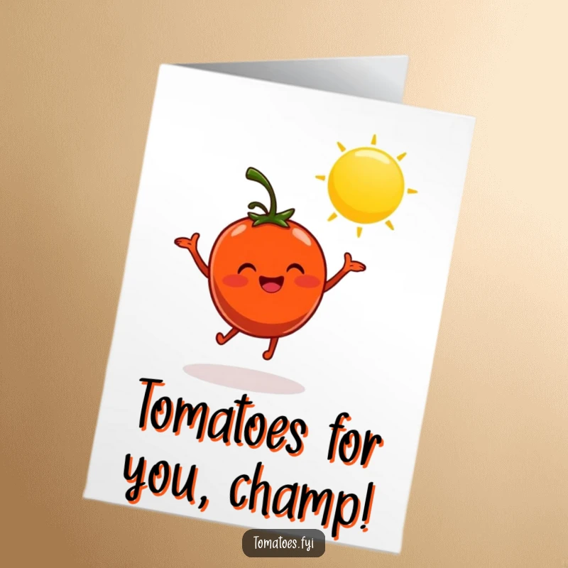 Funny Free Printable Congratulations Card: A cheerful tomato character does a silly dance bathed in sunshine.