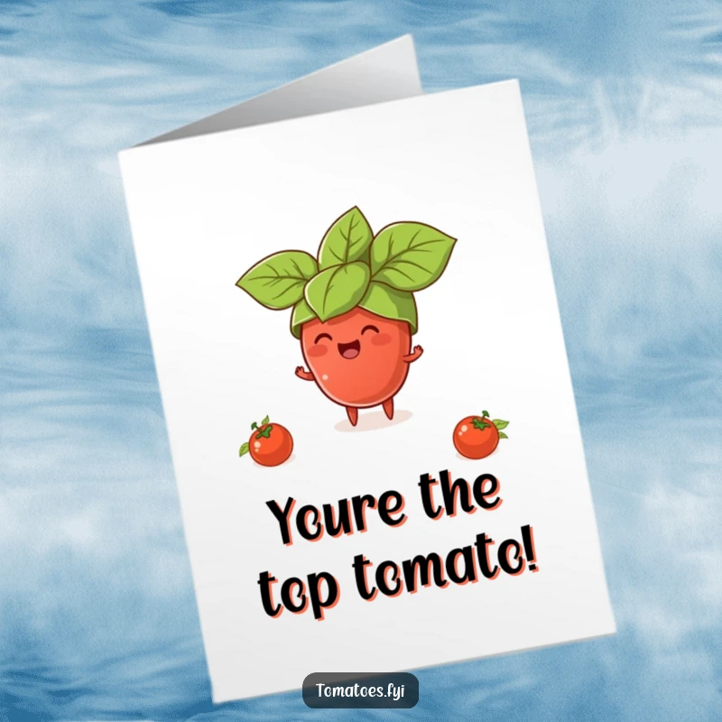 Funny Free Printable Congratulations Card: Tiny tomato gleefully trying on a giant basil leaf hat, celebrating success with quirky fashion.