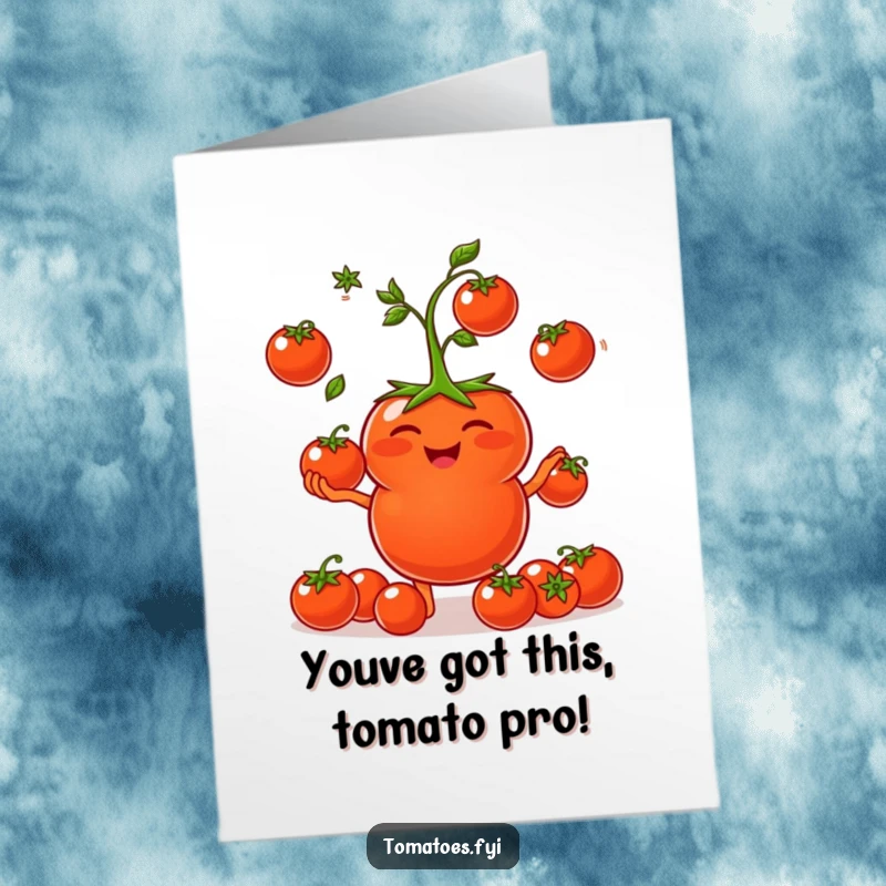 Funny Free Printable Congratulations Card featuring a giggling tomato character playfully juggling cherry tomatoes.