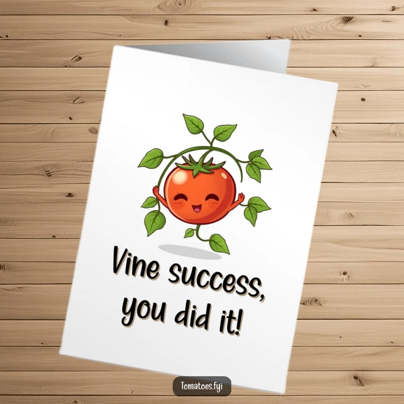 Funny Free Printable Congrats Card with a tomato plant character stretching its leaves, celebrating achievement and growth.