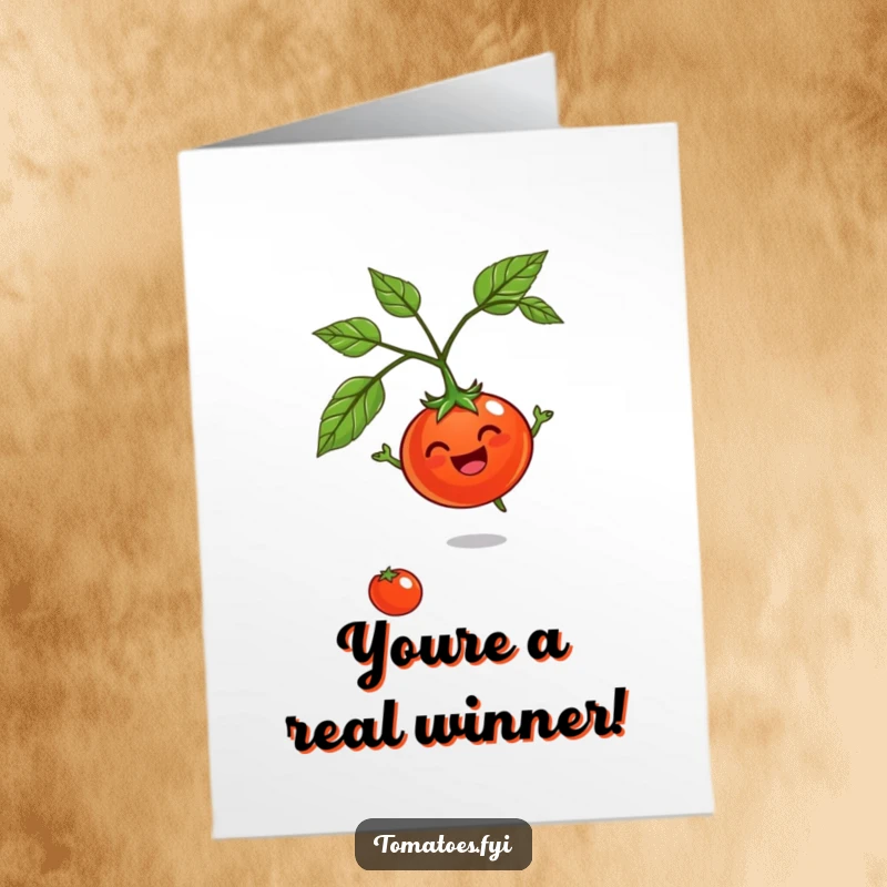 Funny Free Printable Congratulations Card of a jovial tomato character spinning happily on its stem, celebrating success with pure joy.