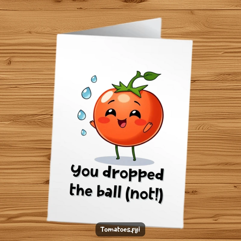 Funny Free Printable Congratulations Card: Tomato character joyfully juggling three tiny dew drops, celebrating a glistening accomplishment.