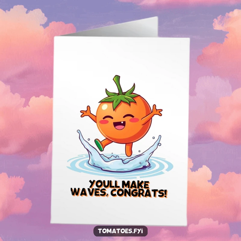 Funny Free Printable Congratulations Card: A tomato makes a playful splash, celebrating a big accomplishment.