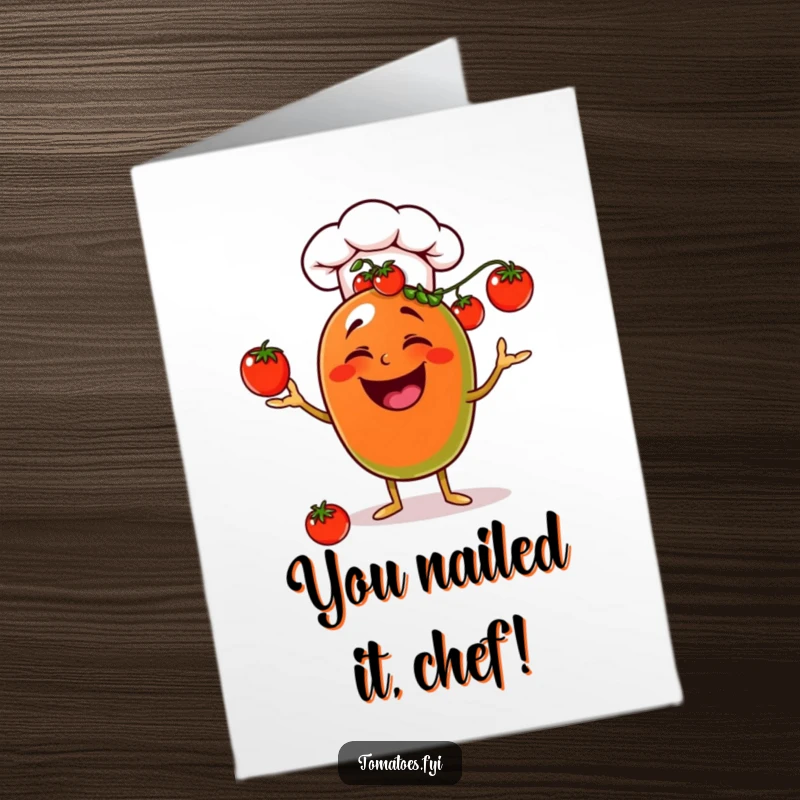 Funny Free Printable Congratulations Card depicting a laughing tomato chef juggling cherry tomatoes, perfect for culinary celebrations.