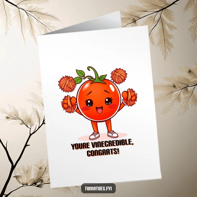 Funny Free Printable Congratulations Card featuring a determined tomato with pom-poms, a perfect downloadable gift for champions.