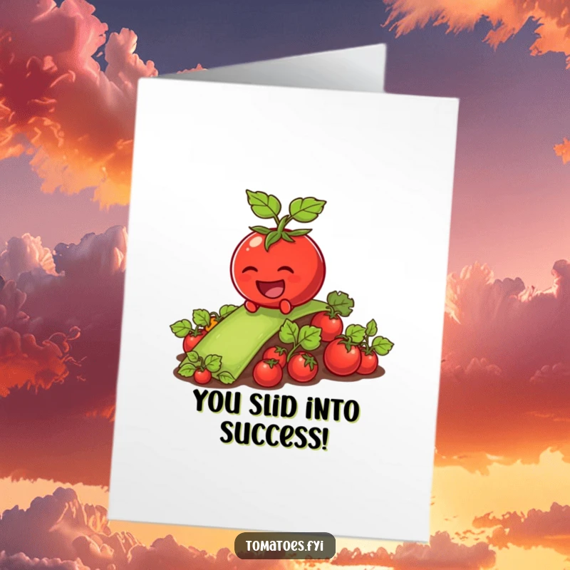 Funny Free Printable Congratulations Card: Tomato joyfully sliding down a wet vegetable patch, celebrating success with laughter.