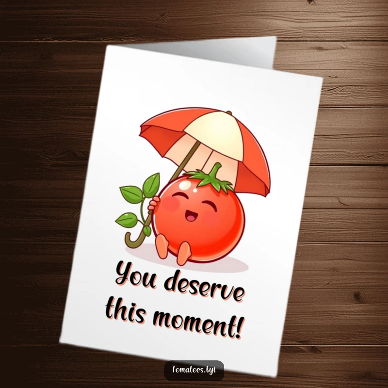 Funny Free Printable tomato congratulations card, a content tomato character relaxing under a tiny umbrella.