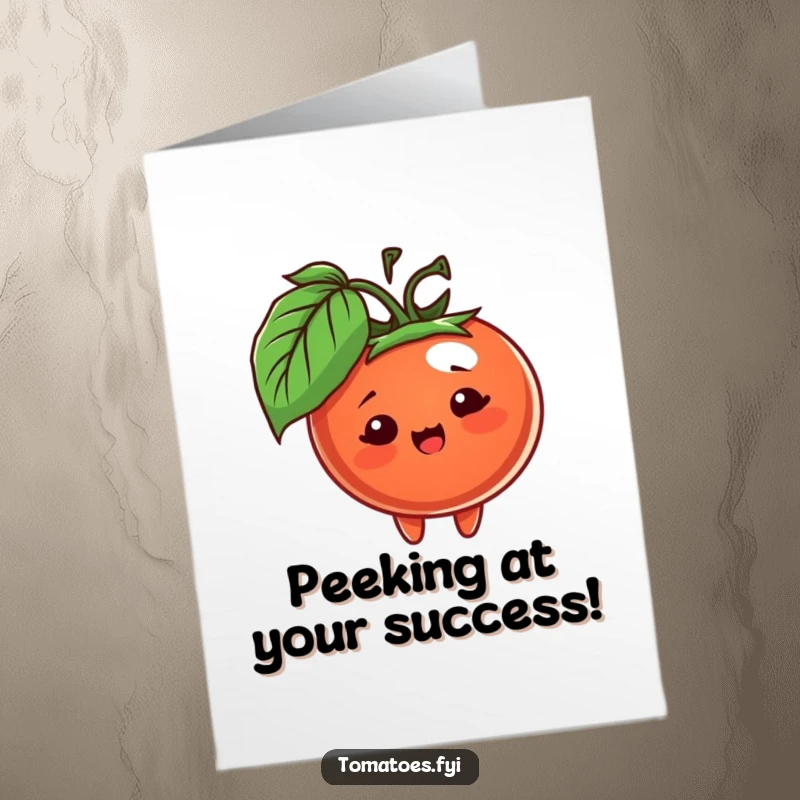 Funny free printable congratulations card: a happy tomato character peeking from behind a leaf to celebrate achievements.
