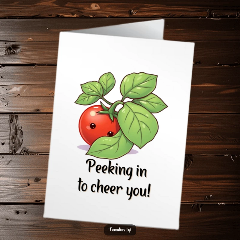 Funny Free Printable Congratulations Card: Shy tomato peeking from basil leaf, conveying sweet bashfulness, great DIY card.