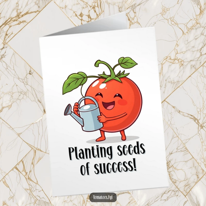 Funny Free Printable Congratulations Card: A jovial tomato smiles warmly while carefully holding and tilting a tiny watering can.