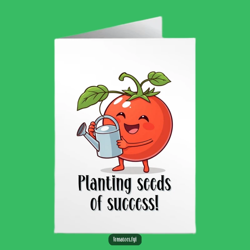 Free Printable Congrats Card: Jovial Watering Tomato - Funny Downloadable for New Beginnings